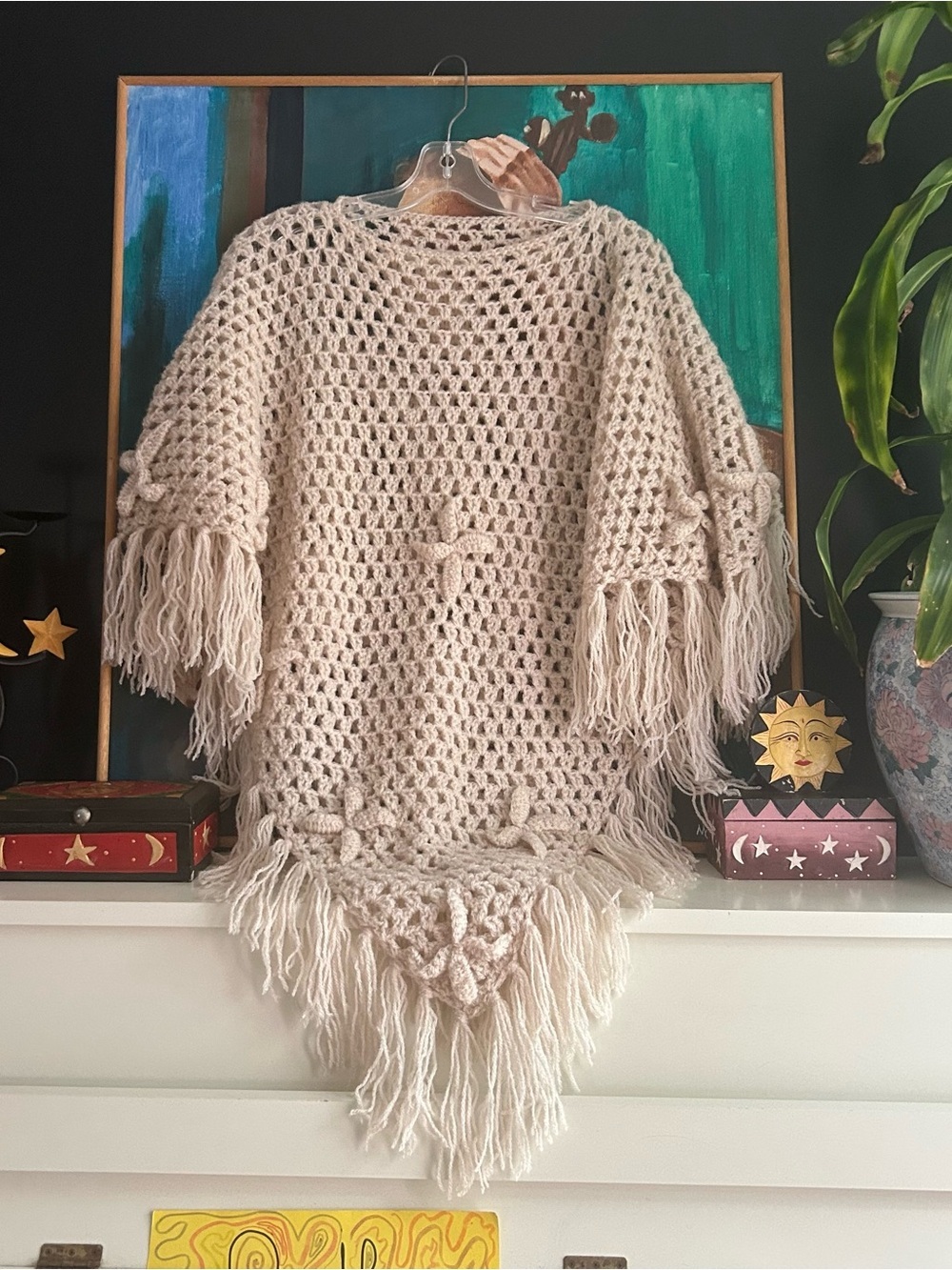 Vintage Crochet Knit Poncho Sweater Fringe Boho Hippie Festival Cape